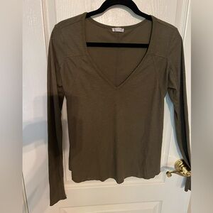 Free People Intimately Olive Ribbed V-Neck Long Sleeve Top; Size S
